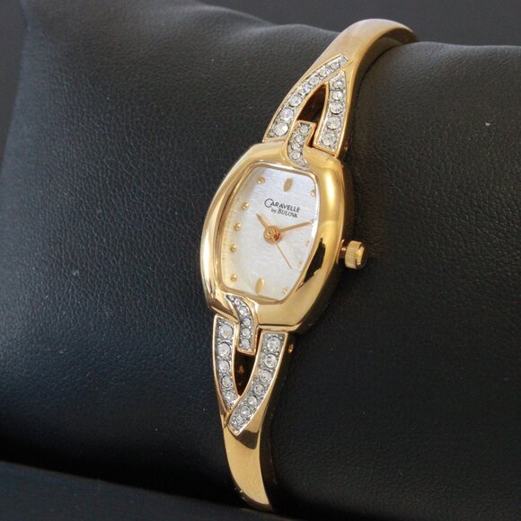 Caravelle Ladies Gold Tone Watch ½ Bangle Bracelet MOP Dial 16mm - Picture 4 of 13
